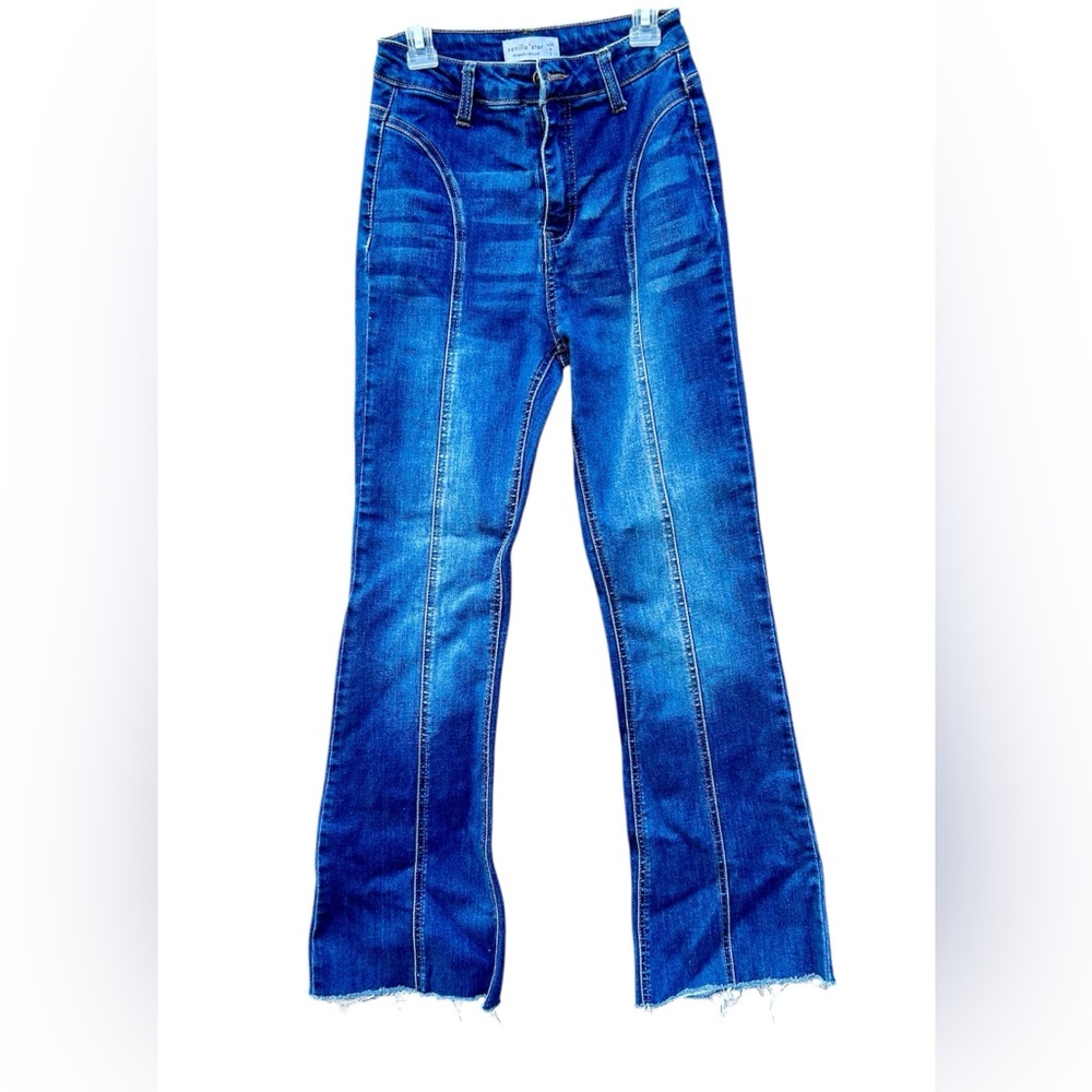 Vanilla Star Jeans Bell Bottoms Front Seam Denim Size 1 Stretchy Fit Y2K Style